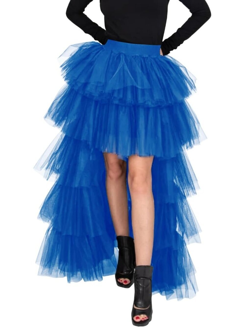 Women's Royal Blue High Low Tutu Tulle Sweet Elastic Waist Mesh Long Skirt